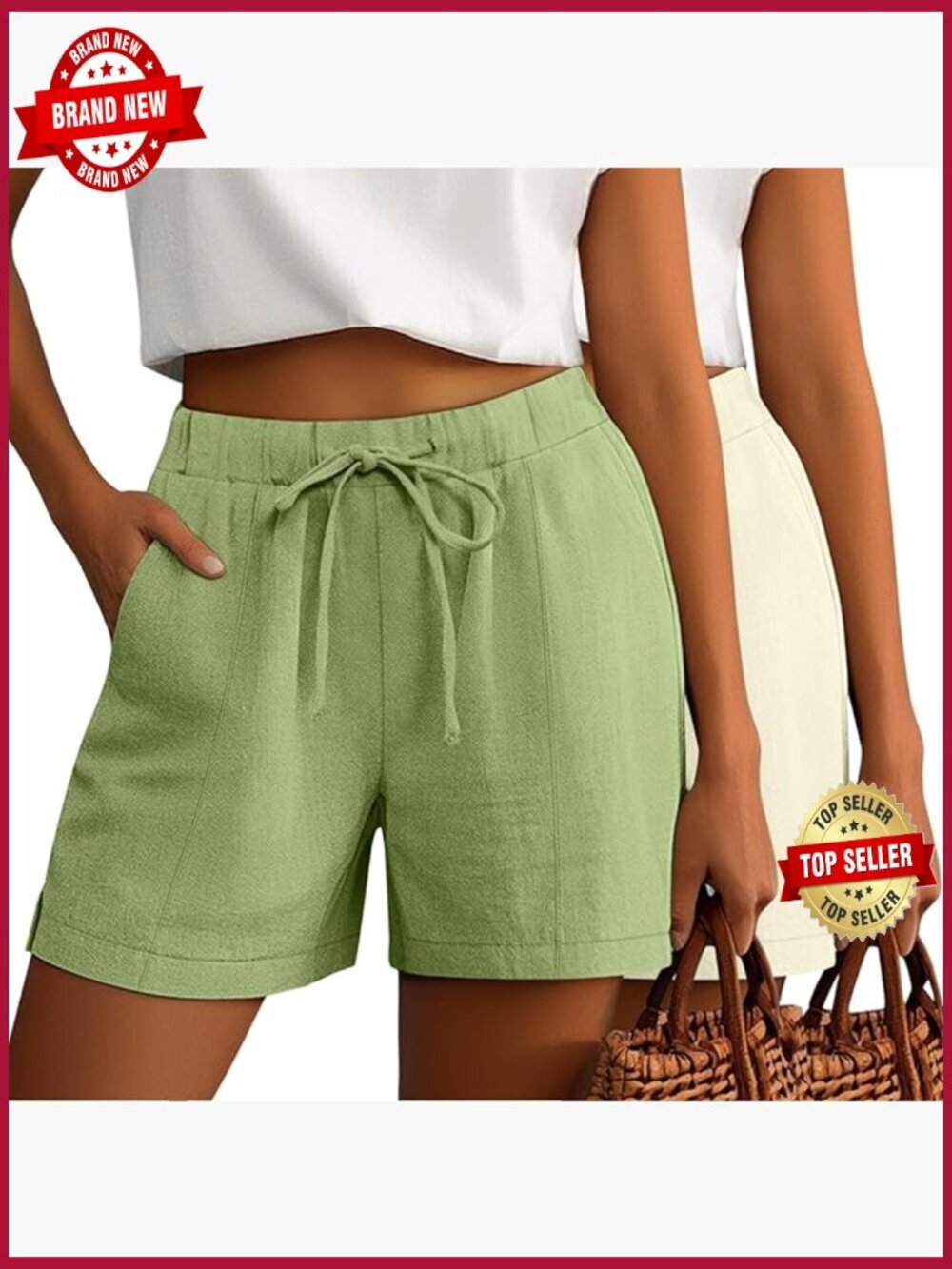 Linen Drawstring Elastic Waist Split Side Summer Lounge Shorts with Pockets